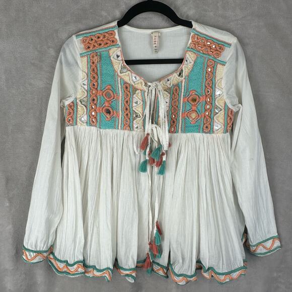 RAGA Tops - Raga Top Women Extra Small Cream Embroidered Coastland Babydoll Boho Festival